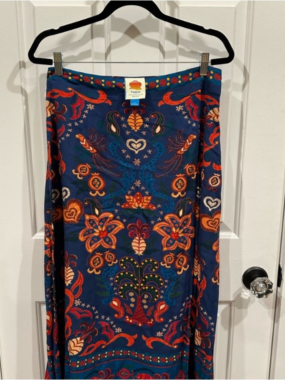 New Anthropologie Farm Rio Indigo Blue Boho Beach Floral Satin Slip Midi Skirt M - Picture 5 of 9